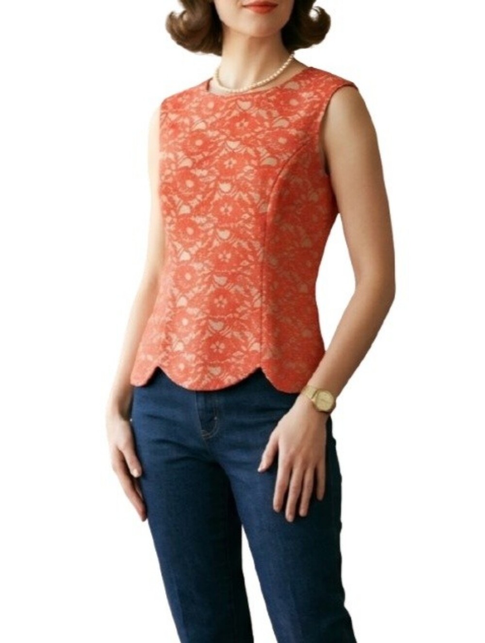 Simonton Says VTG Red Lace Structured Blouse Scallop Hem Side Zip